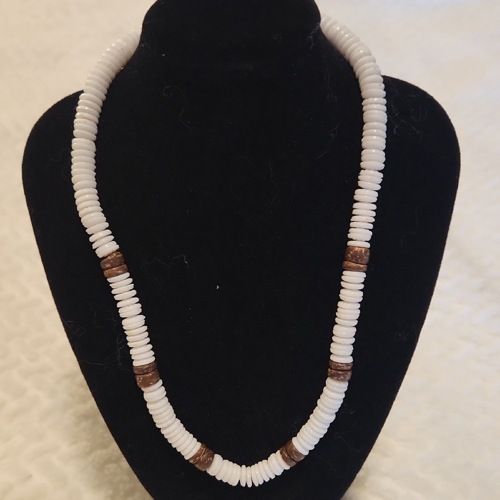 White Stone Beaded Necklace with Wood Brown Accents